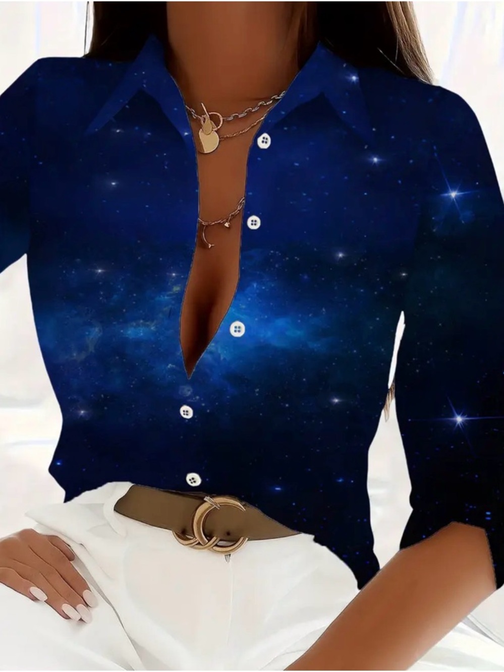 Ladies Galaxy Print Button-Up Shirt Large